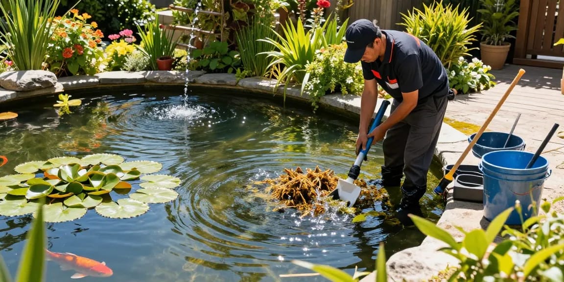 Pond cleaning companies technician cleaning tranquil backyard pond, showcasing vibrant koi fish and lush greenery