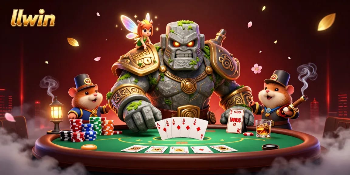 llwin showcases a vibrant casino scene featuring a magical golem, fairy, and hamster knight amidst poker excitement.