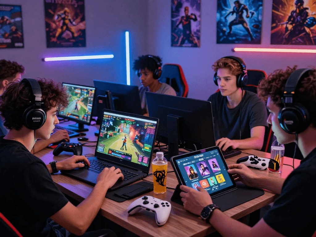 Gamers enjoying HTML porn games in a vibrant and modern gaming setup.
