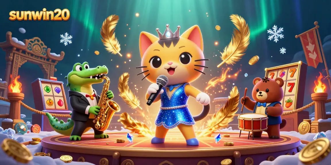 Experience the vibrant world of sunwin20 with a jazz-singer cat amidst casino elements and dynamic characters.