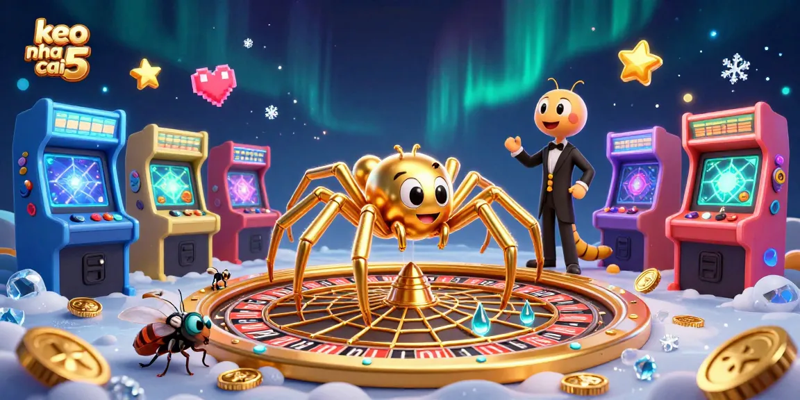 Place bets with keo nha cai 5 as a golden spider spins a roulette web in this vibrant 3D casino scene.