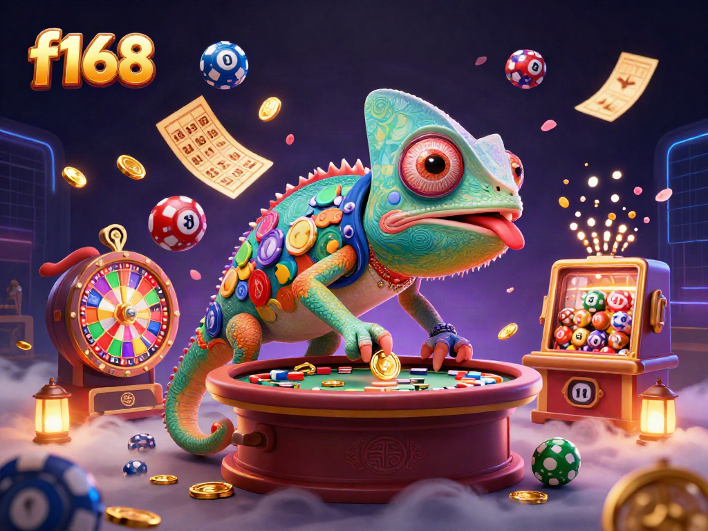 Experience the vibrant f168 casino scene with a chameleon owner and exciting game elements.