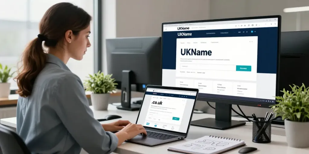 Buy .co.uk domain registration in a modern UK office with digital displays.