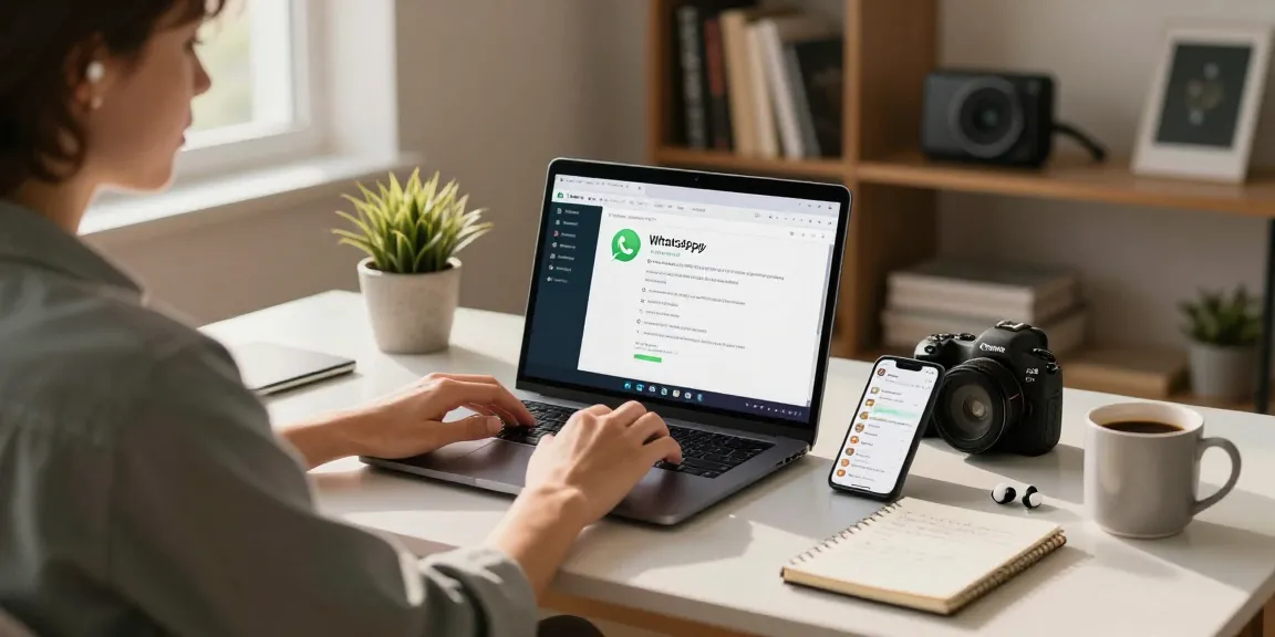 Engaging workspace with WhatsApp電腦版 on laptop, smartphone, and cozy home office elements.
