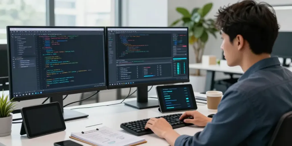 Professional workspace illustrating instant indexing software development with dual monitors