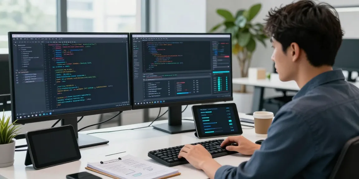 Professional workspace illustrating instant indexing software development with dual monitors