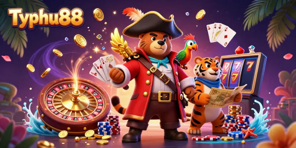 Experience the excitement of Typhu88 with pirate characters and casino elements in this vibrant illustration.
