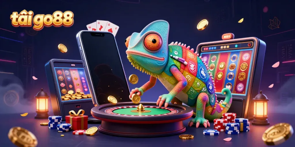 Engage with tải go88, featuring an enormous chameleon casino owner surrounded by vibrant gaming elements.