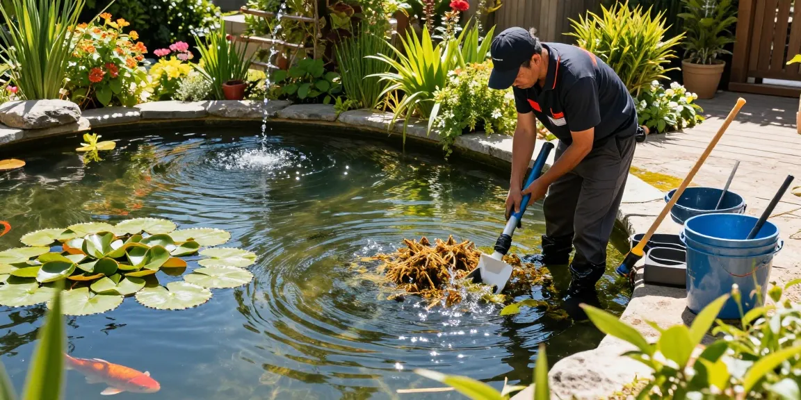 Pond cleaning companies technician cleaning tranquil backyard pond, showcasing vibrant koi fish and lush greenery