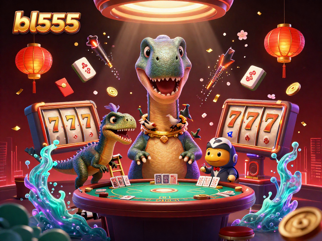 Experience the thrill at bl555 with a 3D cartoon dinosaur dealer and spinning slot reels.