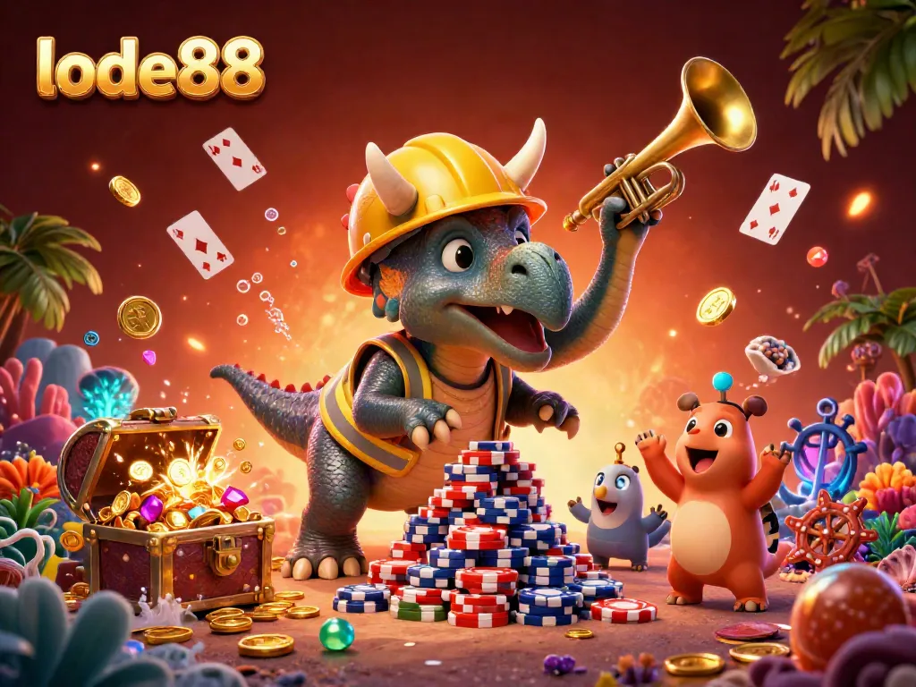 Engage in thrilling gameplay with lode88 through vibrant cartoon characters amidst a dynamic casino scene.