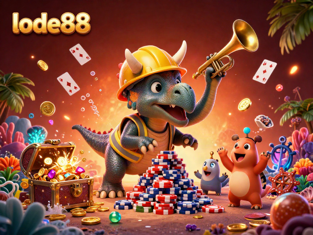 Engage in thrilling gameplay with lode88 through vibrant cartoon characters amidst a dynamic casino scene.