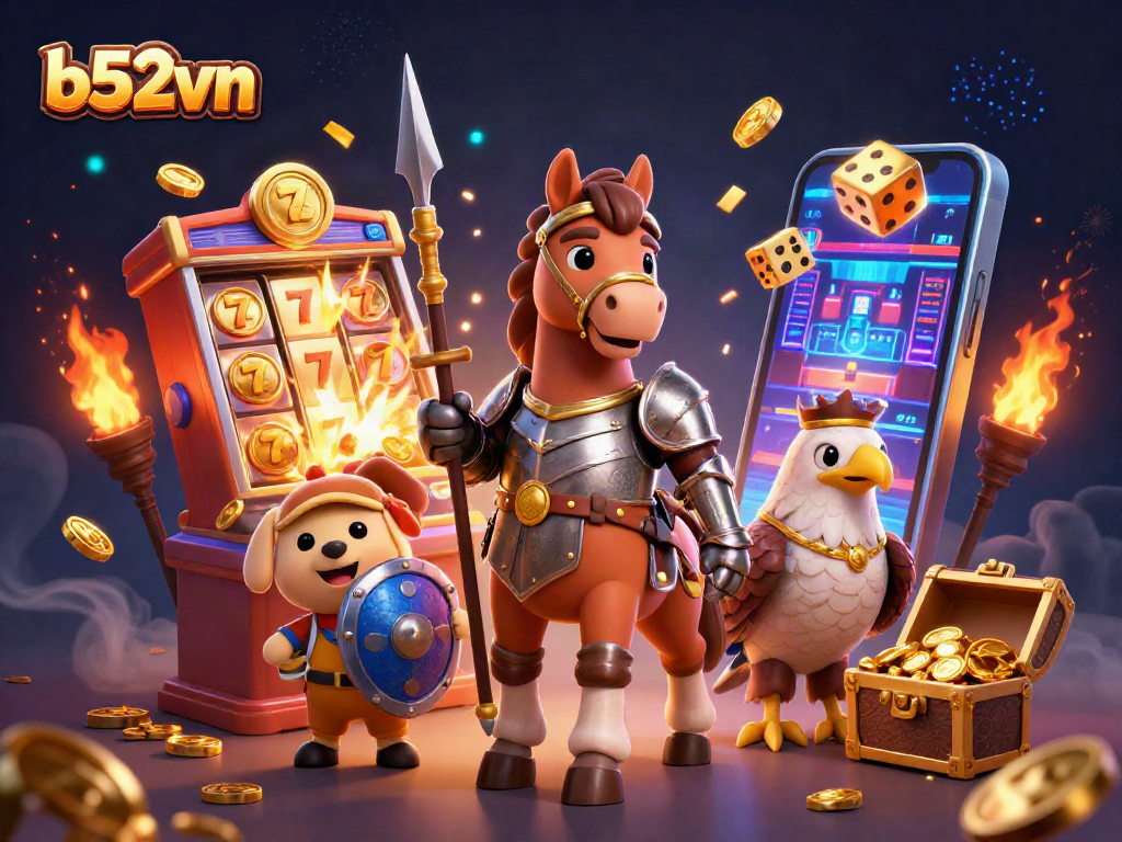 Experience b52vn's thrilling jackpot with a knight and puppy amidst dynamic casino elements.