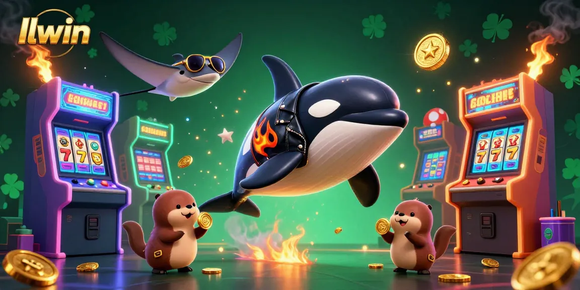 llwin's dynamic illustration showcases an orca, stingray, and sea otters with golden coins in a vibrant casino scene.