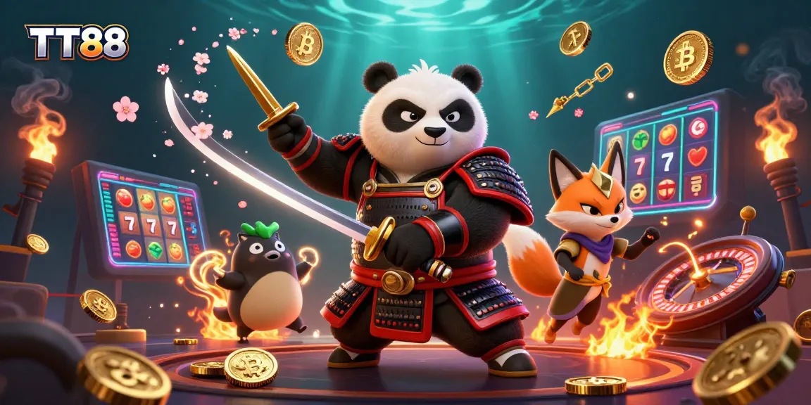 Engage with TT88's vibrant casino world, featuring a samurai panda, ninja fox, and magical tanuki.