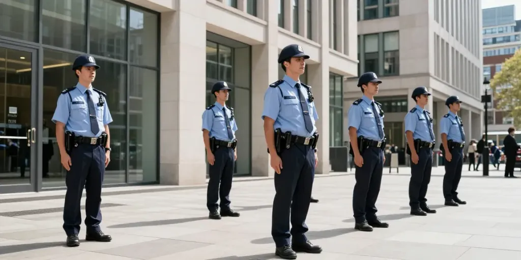 Security Guards maintaining a vigilant presence at a corporate location, showcasing professionalism in local services.