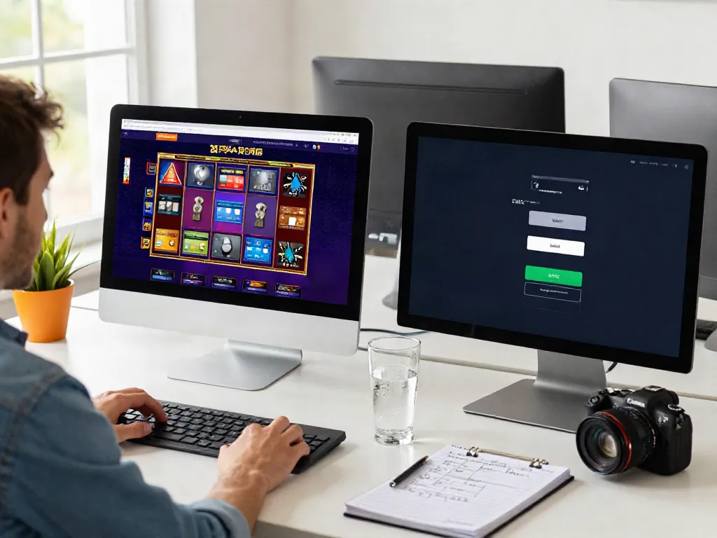 Player enjoying online casinos that accept credit card at modern desk with vibrant slot games on screen.