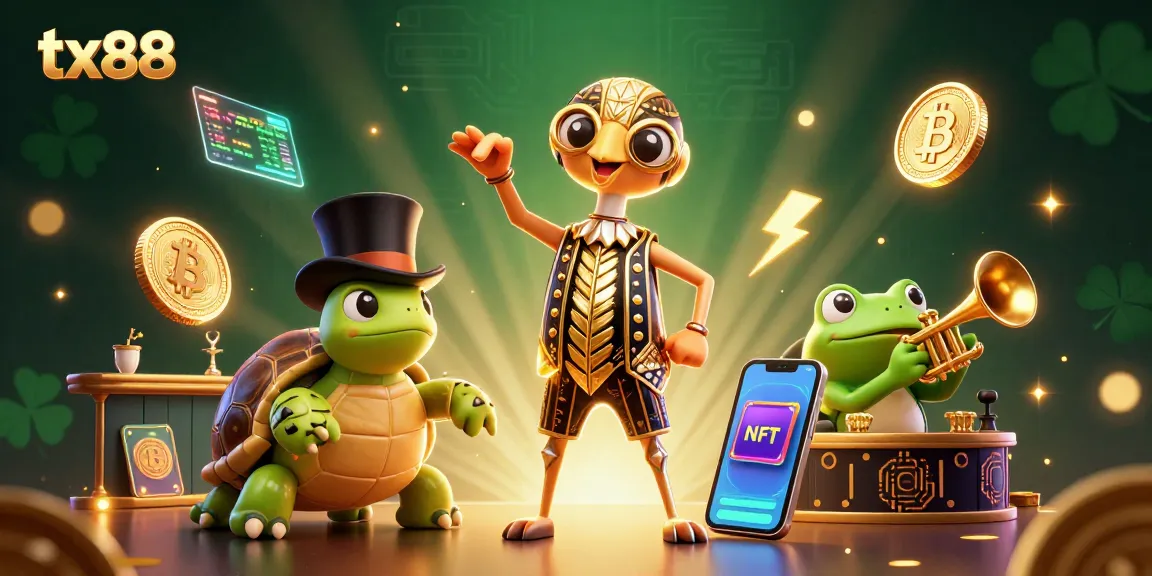 Experience the excitement of tx88 with vibrant frog, turtle, and crane characters in a casino-themed illustration.