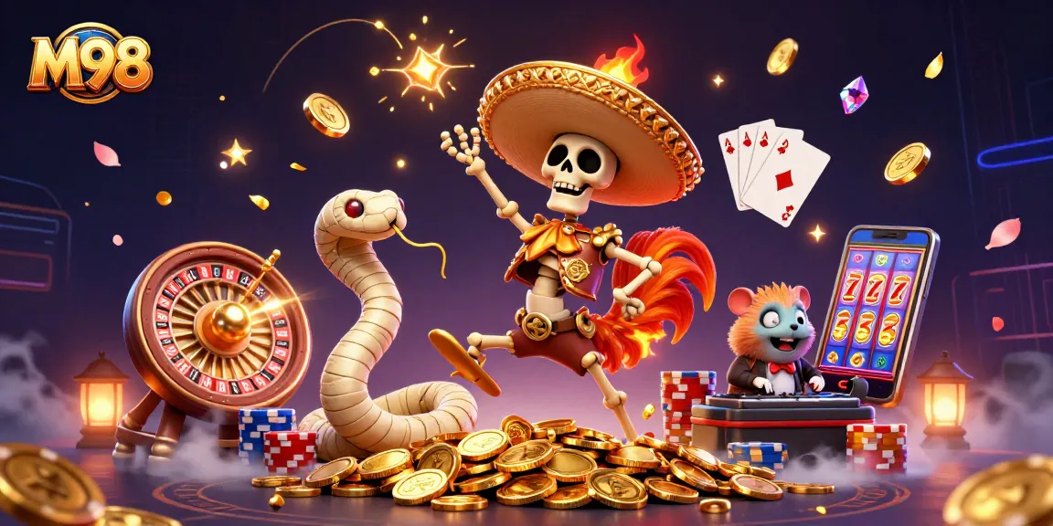 M98 casino victory scene with a skeleton mariachi rooster, mummy snake, and zombie hamster DJ celebrating with coins.
