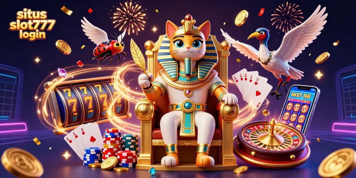 Experience situs slot777 login with a vibrant 3D illustration of casino elements and Egyptian characters.