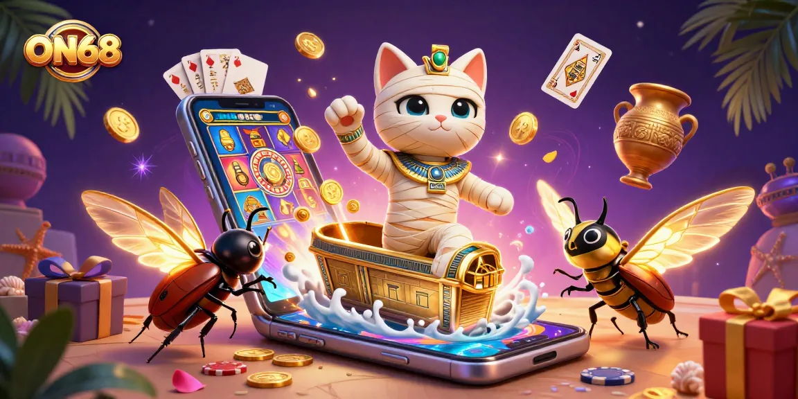 Experience thrilling gameplay at ON68 with vibrant Egyptian-themed casino elements in a dazzling scene.