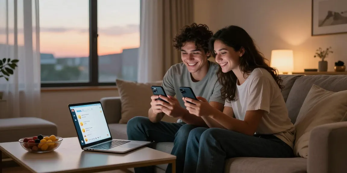 Couple enjoying an AI sex chat in a cozy living room.