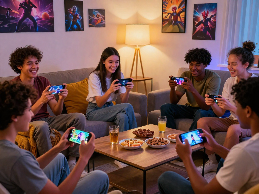 Engaging group of friends enjoying mobile porn games in cozy living room