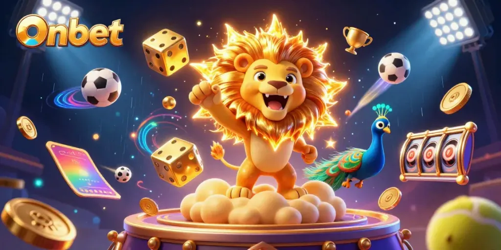 Engaging Onbet casino illustration featuring a roaring sun lion, golden dice, and dynamic sports elements.