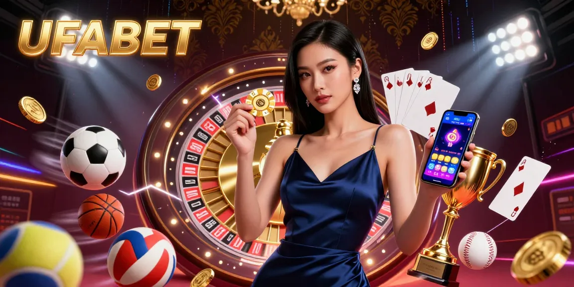 Bet with confidence at UFABET, featuring a stunning woman holding a smartphone app amid dynamic casino elements.