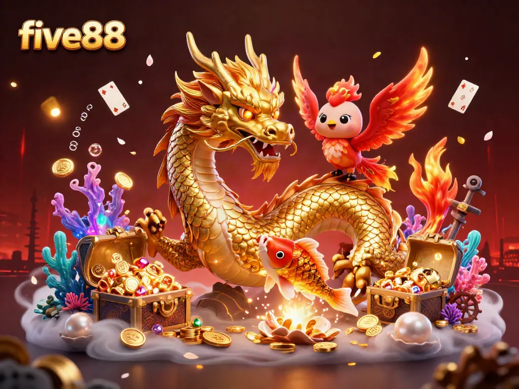 Experience thrilling gameplay with five88 as a dragon coils through vibrant slots and treasures.