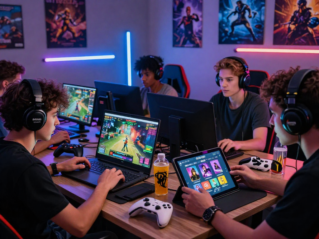 Gamers enjoying HTML porn games in a vibrant and modern gaming setup.