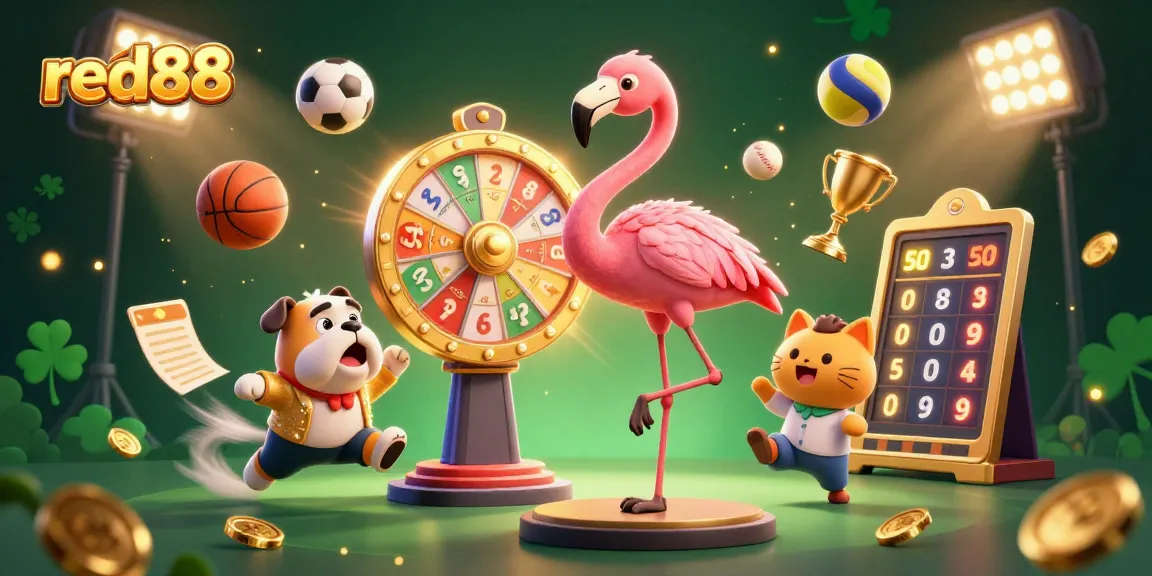 Experience the excitement at red88 with dynamic sports betting elements and lively characters in a vibrant scene.