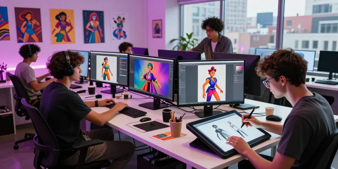 Creative team designing NSFW AI artwork in modern studio, showcasing vibrant character illustrations and digital tools.