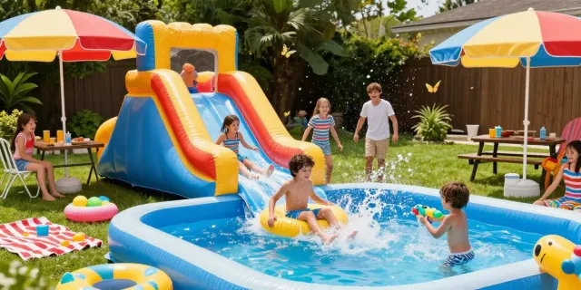 Children enjoying a slide in the water on a sunny day in a vibrant backyard.
