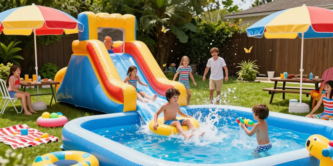 Children enjoying a slide in the water on a sunny day in a vibrant backyard.