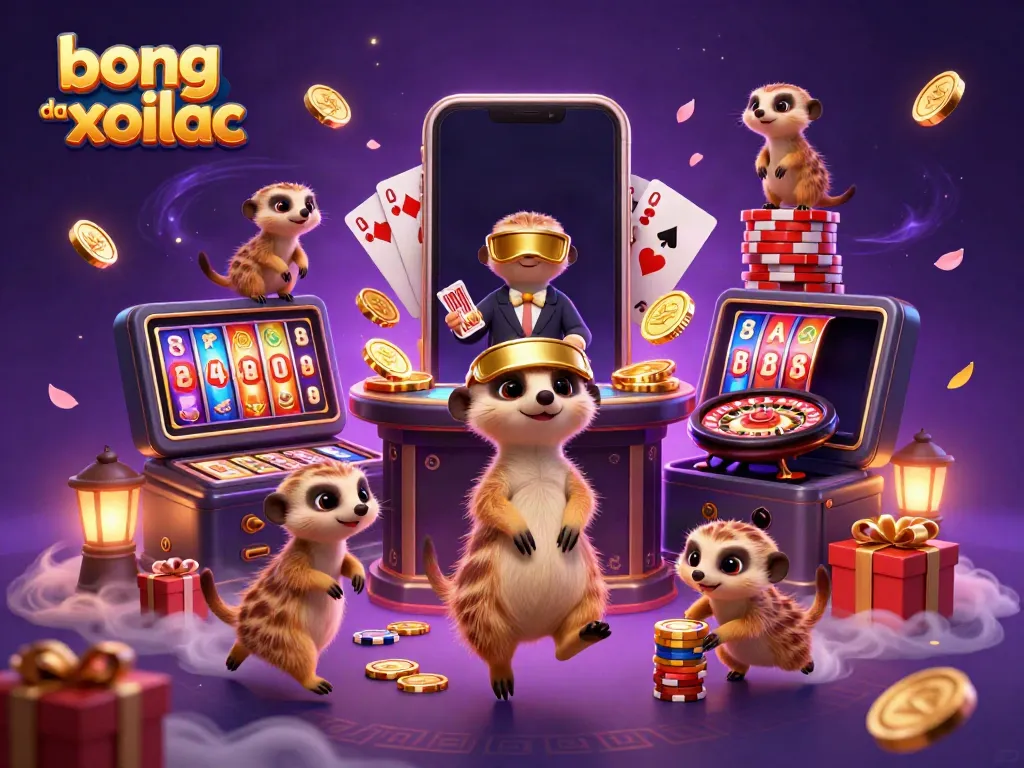 Engaging meerkats handling casino operations in bong da xoilac, showcasing vibrant gambling elements.