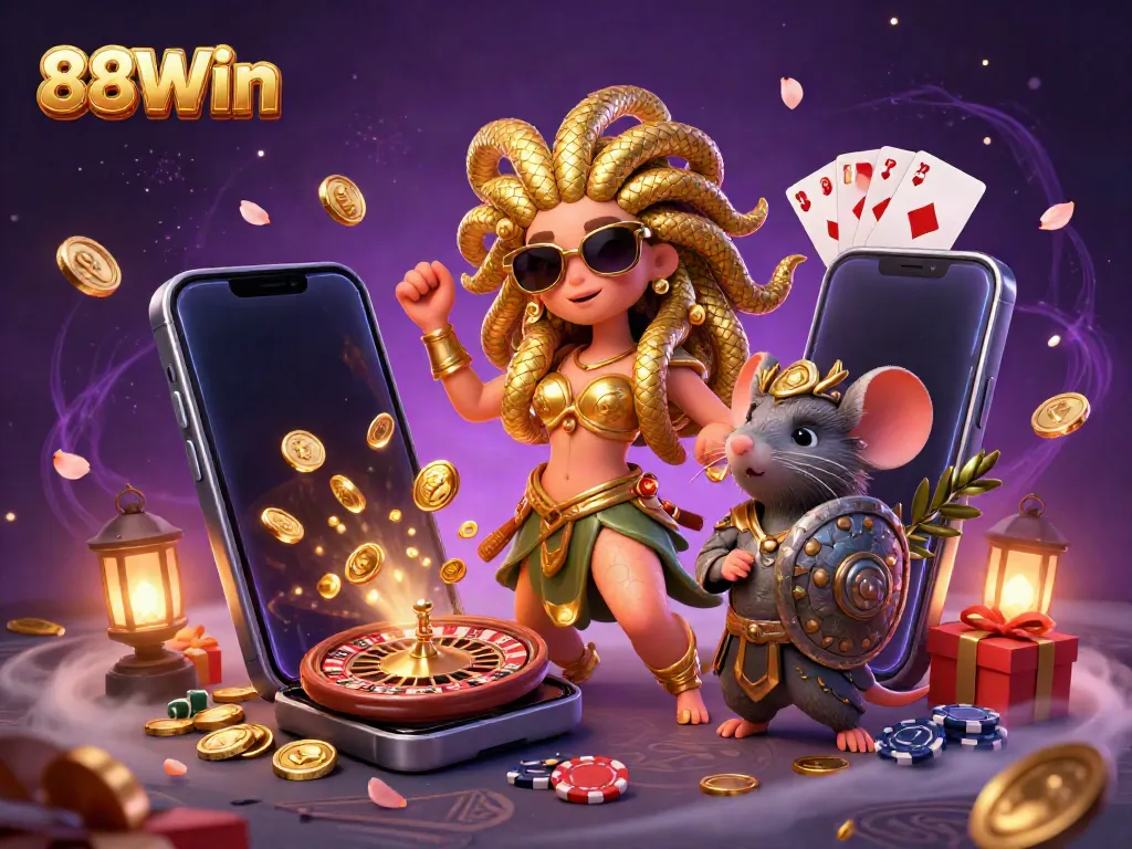 88Win spins colorful slot games in an engaging 3D casino scene with Medusa and a warrior mouse.