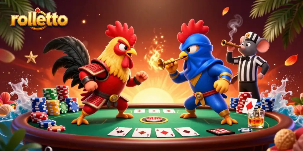 rolletto enhances excitement in a dramatic rooster showdown at a poker table.