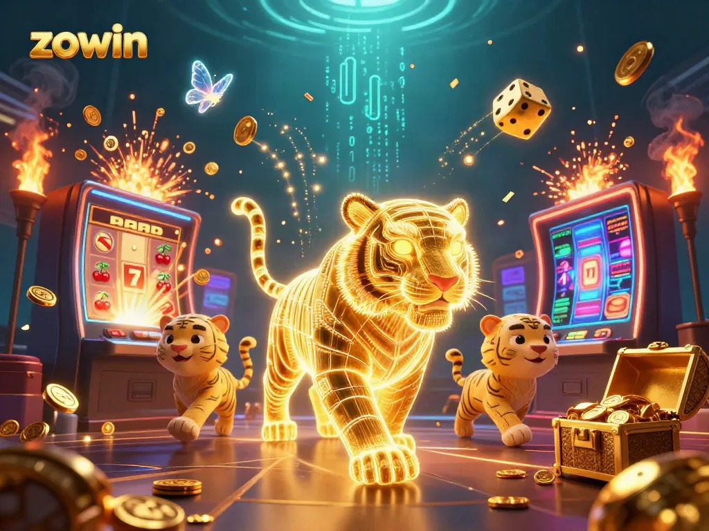 Zowin-themed gambling scene with a vibrant tiger in illuminated casino atmosphere, bursting slot machine, and digital gaming elements.