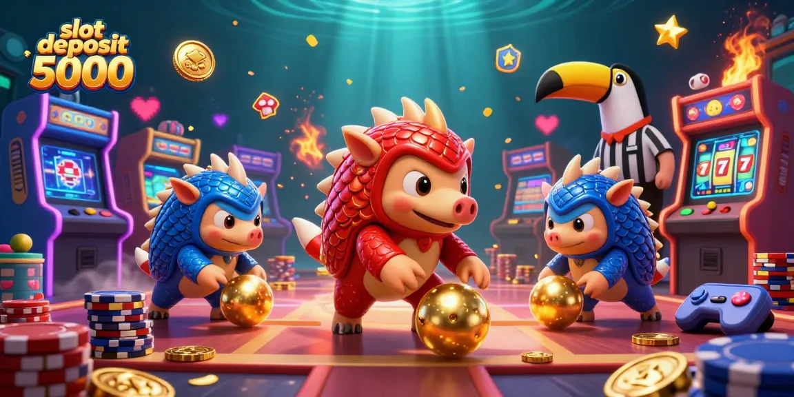 Play and win big at slot deposit 5000 with a colorful casino-themed 3D illustration.