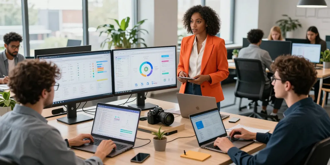 Team collaborating with AI productivity tools in a modern office setting