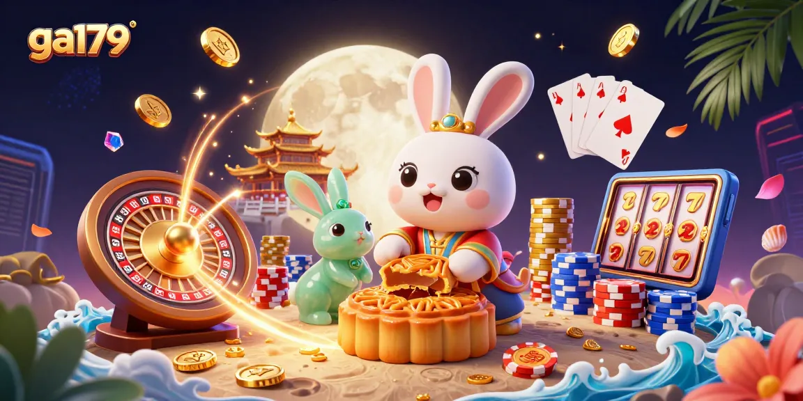 Engage with exciting gambling action on ga179 featuring a moon rabbit and poker chips on the lunar surface.