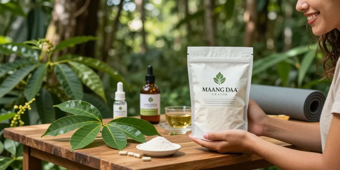 High-quality white maeng da kratom powder displayed outdoors amidst lush greenery, promoting natural wellness.
