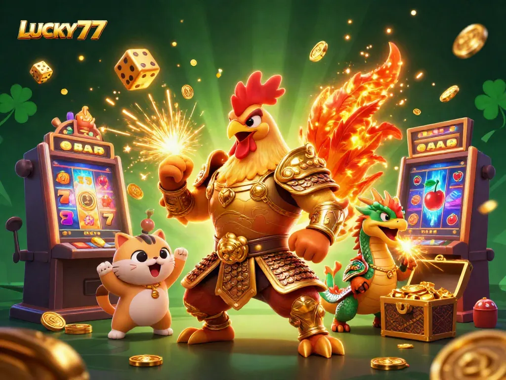 Experience LUCKY77’s thrilling jackpot with 3D rooster warrior, dragon, and coins exploding!