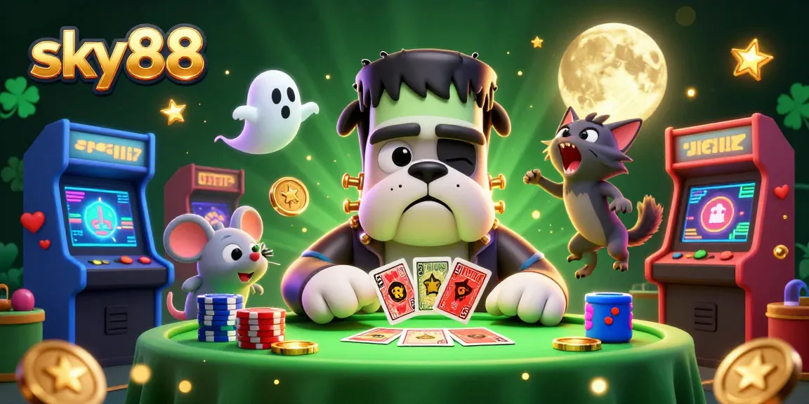 Engage with thrilling games at sky88 with a fun scene featuring a 3D bulldog dealer and a floating ghost mouse.