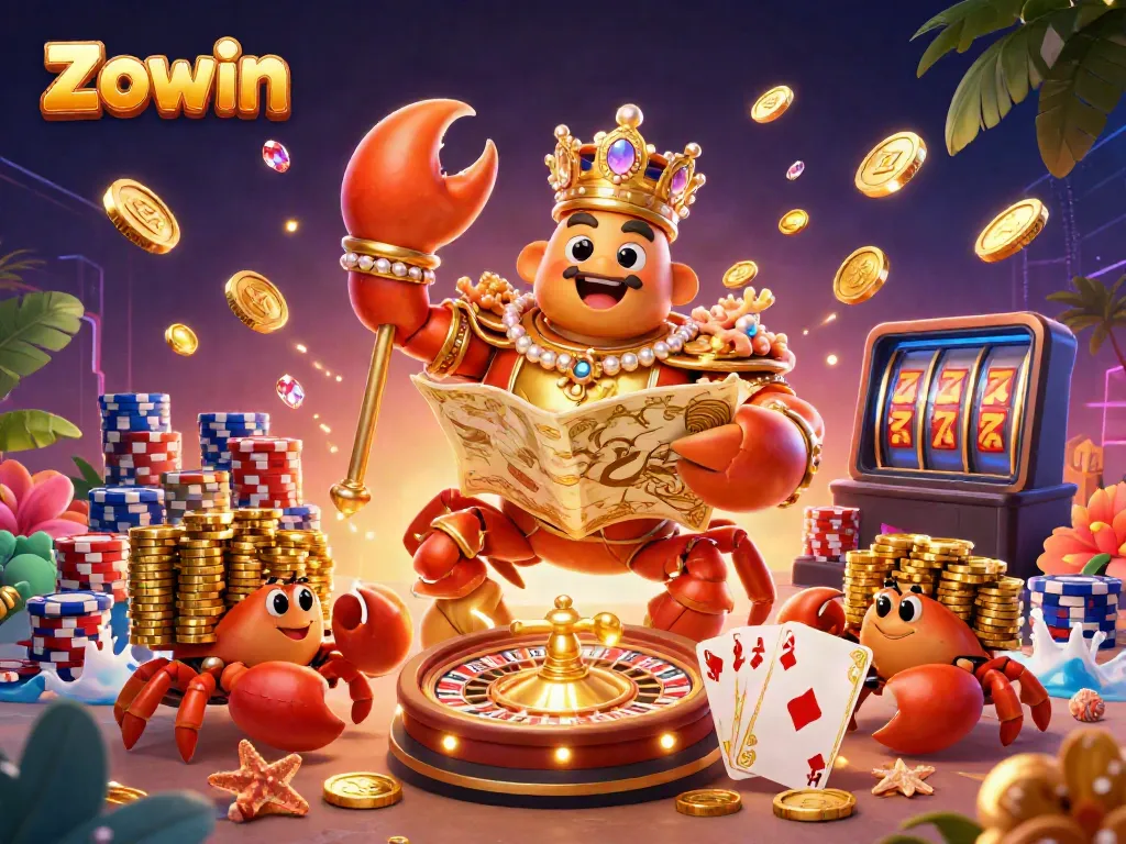 Zowin's vibrant casino scene showcases a golden crab emperor amidst overflowing treasures and gaming elements.