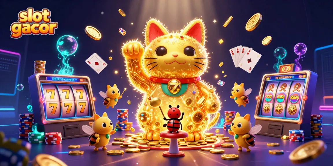 Engage with slot gacor symbols surrounded by festive coins and glowing elements in this vibrant casino illustration.
