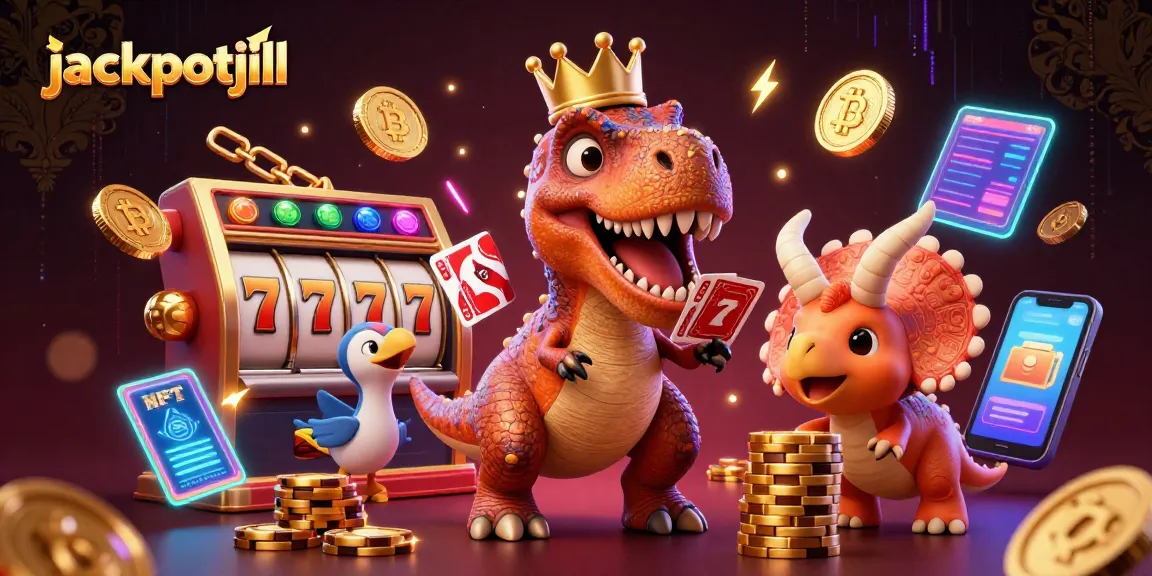 Engage in thrilling jackpotjill gameplay as T-Rex shuffles cards alongside vibrant casino elements.