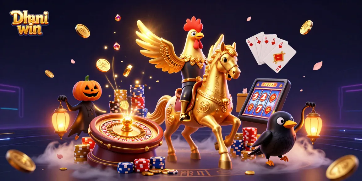 Dhani win's golden rooster character illuminates the casino floor while enjoying lively slots and games.