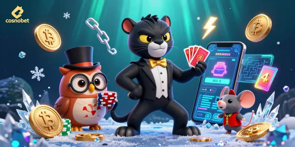 Engage with cosmobet's exciting casino experience in a dynamic 3D scene featuring vibrant characters.